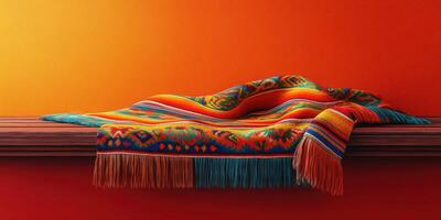 Vibrant woven blanket resting on a wooden shelf against a warm orange wall photo