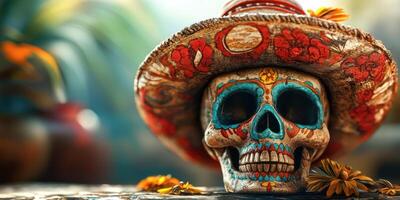 Colorful decorative skull wearing a traditional hat rests on a vibrant table adorned with flowers in a lively setting photo