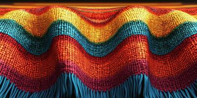 Colorful woven textile displayed on a flat surface with vibrant orange, red, green, and blue stripes that create a wave effect photo