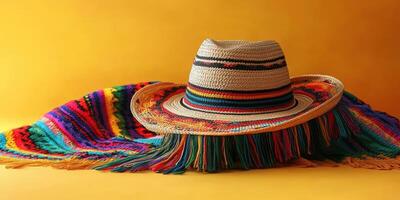 Colorful woven hat and vibrant blanket display on bright yellow background photo