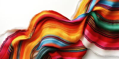 Colorful woven textile with vibrant patterns laid out on a white background photo