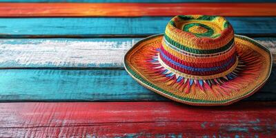 Colorful artisan hat displayed on vibrant wooden surface showcasing textures and patterns photo