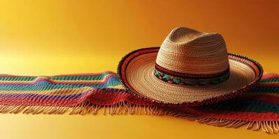 Colorful woven blanket and sombrero against bright golden background create a festive atmosphere photo