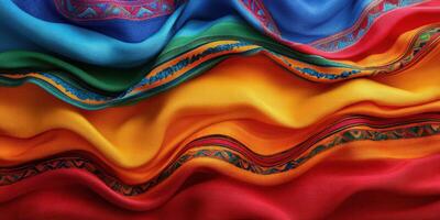 Vibrant fabric in rich colors showcases traditional patterns and textures in textile craftsmanship photo