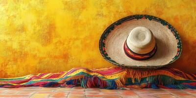 Vibrant sombrero and colorful blanket against a warm yellow wall in a traditional setting photo
