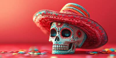 Colorful sugar skull adorned with a traditional sombrero against a vibrant background photo