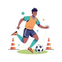 Football Player Navigating Obstacles with Ball vector