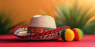 Colorful decorative sombrero and maracas set on a vibrant table with natural greenery in the background during a festive celebration photo