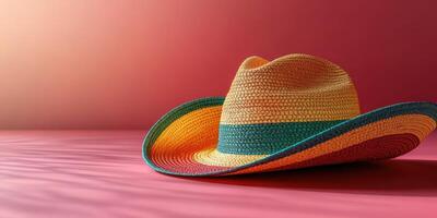 Colorful straw hat resting on a vibrant surface in a warm indoor setting photo
