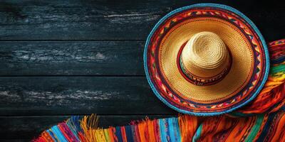 Colorful sombrero and vibrant blanket displayed on a rustic wooden surface during a festive gathering photo