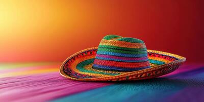 Colorful sombrero resting on a vibrant table with a gradient background at sunset photo