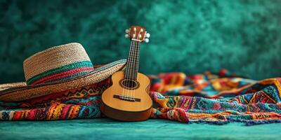 Musical elements combined with traditional fabric and a straw hat create a vibrant cultural display in a rustic setting photo