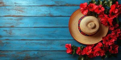 Vibrant red flowers and a straw hat on a rustic blue wooden surface bring a festive atmosphere for summer celebrations photo