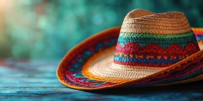 Colorful sombrero rests on rustic wooden table under warm sunset light in a festive atmosphere photo