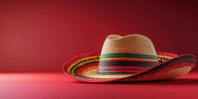 Colorful sombrero resting on a vibrant red surface, perfect for celebrating cultural festivities or themed gatherings photo