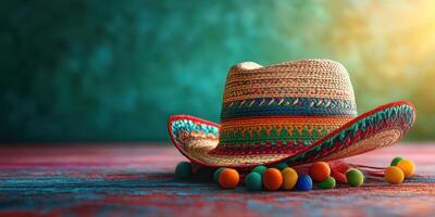 Colorful sombrero with decorative pom poms placed on a rustic wooden surface during a festive setting photo