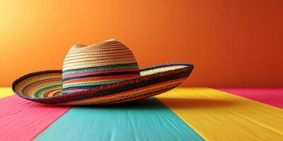 Colorful sombrero resting on a vibrant striped tablecloth against a warm background photo