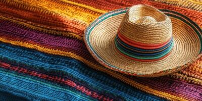 Colorful woven blanket with a traditional sombrero displayed during a cultural gathering in a bright setting photo