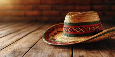 Traditional straw hat resting on a rustic wooden surface with warm lighting photo