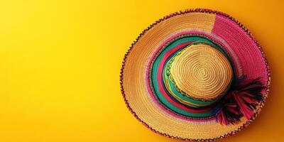 Colorful traditional sombrero resting on a bright yellow background for festive celebrations and cultural events photo
