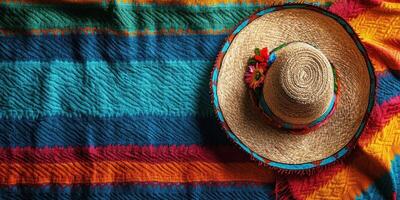 Colorful sombrero placed on a vibrant woven blanket in a festive setting photo