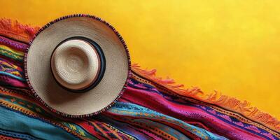 Colorful blanket and traditional hat on bright yellow background showcase cultural artistry and craftsmanship in a vibrant setting photo