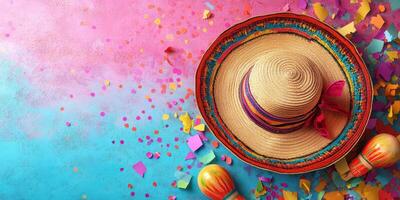 Sombrero and maracas surrounded by colorful confetti and decorations in a festive setting photo