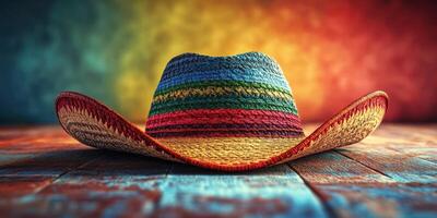 Colorful sombrero placed on a wooden surface with a vibrant background showcasing a gradient of colors photo