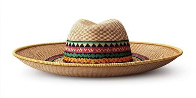Traditional sombrero displayed on a woven basket showcasing vibrant colors and intricate patterns in a sunlit setting photo
