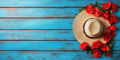 Colorful flowers and a straw hat create a vibrant summer atmosphere on a blue wooden background photo
