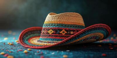 Colorful woven sombrero resting on vibrant surface scattered with candies and confetti in festive atmosphere photo