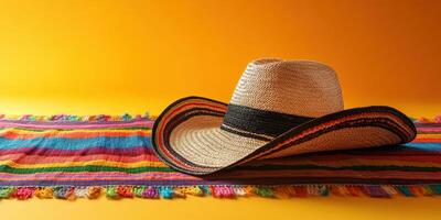 Colorful straw hat placed on vibrant woven blanket against an orange background photo