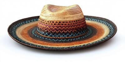 Vibrant handcrafted straw sombrero showcasing intricate patterns and colors on a clean background photo