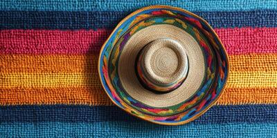 Colorful woven hat resting on a vibrant blanket showcasing traditional textile patterns photo