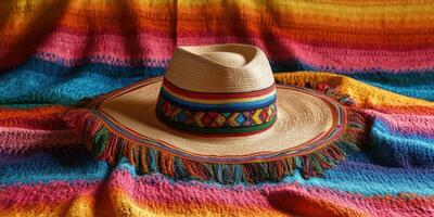 Crafted straw hat displayed on vibrant, handwoven textile in warm colors captures the essence of traditional craftsmanship photo
