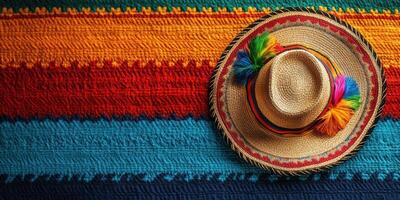 Colorful sombrero resting on a vibrant woven blanket in a festive atmosphere photo