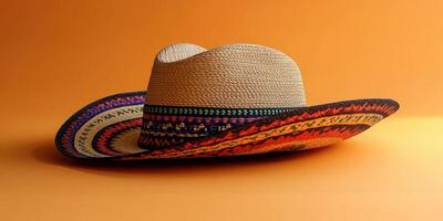 Colorful straw hat resting on an orange backdrop emphasizing its unique design and vibrant colors photo