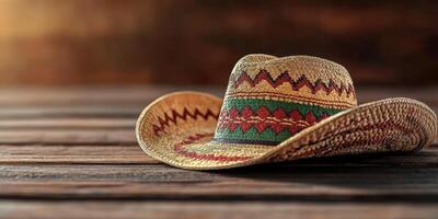 Colorful woven hat rests on a rustic wooden surface in warm afternoon light highlighting its intricate design photo