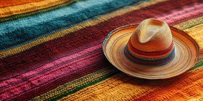 Colorful woven blanket and traditional straw hat resting together in a vibrant display of culture and craftsmanship photo