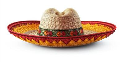 Traditional wide-brimmed sombrero with colorful decorations placed on a plain surface photo