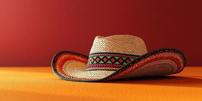 Wide-brimmed straw hat resting on a vibrant orange surface against a red backdrop photo