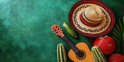 Colorful decor featuring traditional sombrero, guitar, and cacti arranged on a green background for a festive occasion photo
