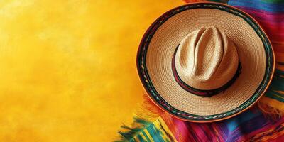 Colorful sombrero and vibrant blanket on yellow background create a festive atmosphere for celebration and cultural events photo