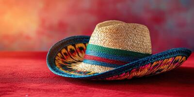Colorful straw sombrero resting on a vibrant red surface with a softly blurred background at sunset photo