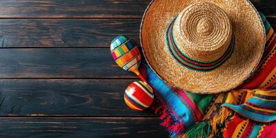 Colorful sombrero and maracas on a wooden table create a festive atmosphere for a celebration photo