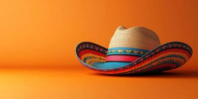 Colorful straw hat resting on vibrant orange background showcasing traditional design and craftsmanship in a modern setting photo