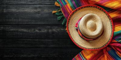 Colorful woven blanket and traditional straw hat displayed on a rustic wooden surface photo