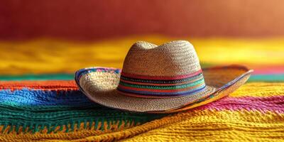 Colorful traditional hat placed on a vibrant woven blanket in a warm, inviting setting photo