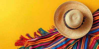 Colorful stripes and a wide-brimmed hat create a vibrant cultural display against a bright background photo