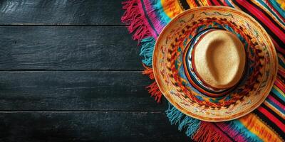 Colorful sombrero on a vibrant woven blanket against a rustic wooden background photo